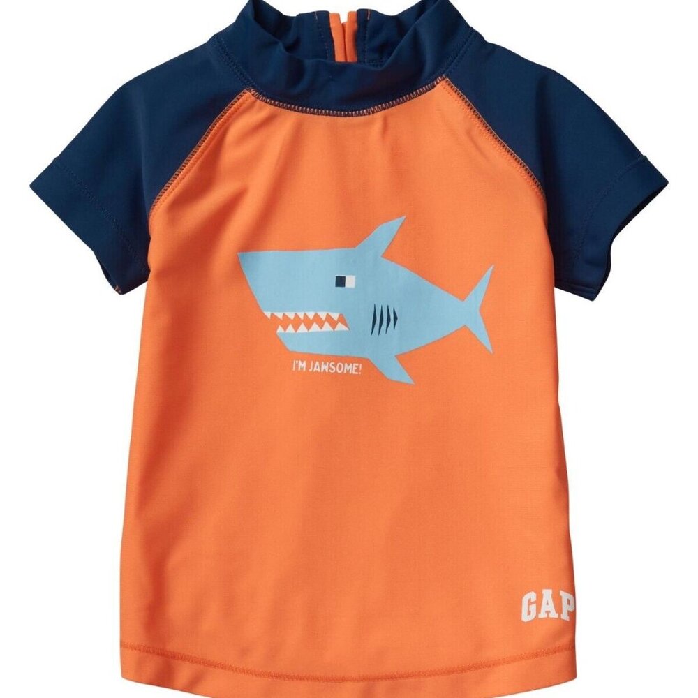New GAP Rashguard Shark Boys Toddler Swimtop UPF 40+ Orange Blue 6-12 Months